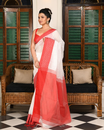dB DESH BIDESH Women`s Silk Blend Woven Design Saree Templemala Lal Par Sada Sari Design New Soft Cotton Silk Red White Saree For Festival With Blouse Piece