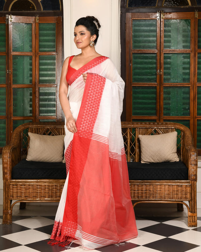 dB DESH BIDESH Women`s Silk Blend Woven Design Saree Templemala Lal Par Sada Sari Design New Soft Cotton Silk Red White Saree For Festival With Blouse Piece