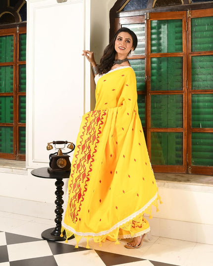 dB DESH BIDESH Women`s Cotton Saree For Woman Pallavika Embroidery Saree Design Soft Cotton Silk Fancy Lace Border Saree with Blouse