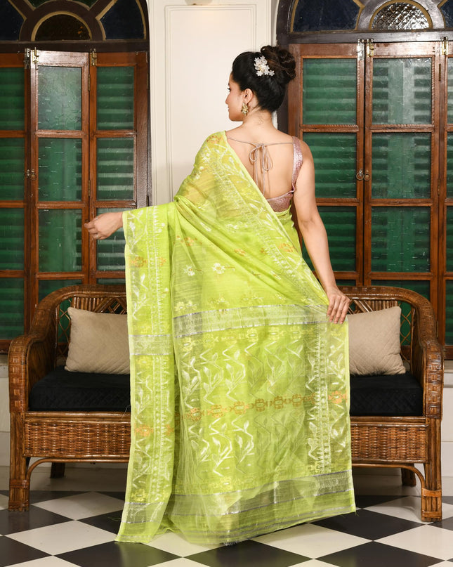 dB DESH BIDESH Women's Soft Cotton Silk Jamdani Sarees For Women for Party, Wear Linen Silk Saree Zarikatha Design Cotton saree for woman Without Blouse piece (Lemon Green)