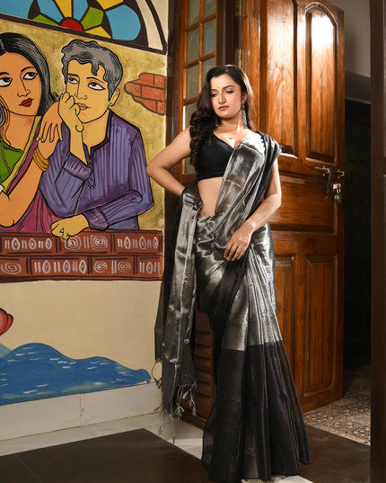 dB DESH BIDESH Women`s Silk Party, Wear Saree for woman latest, design Zarina Fancy Style Cotton linen sarees Copper Zari With Blouse Piece | Women Saree (Black Saree)