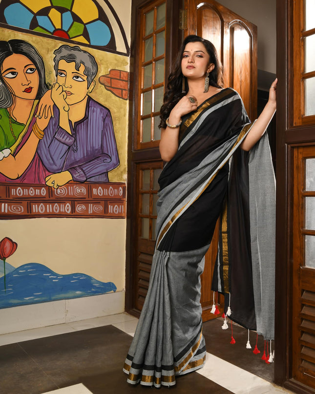 dB DESH BIDESH Women`s Mul Cotton Sarees Soft Zari Fancy Roshni Latest, Design Party, Wear Cotton Silk Saree For Woman With Blouse Piece (Black Grey Golden)
