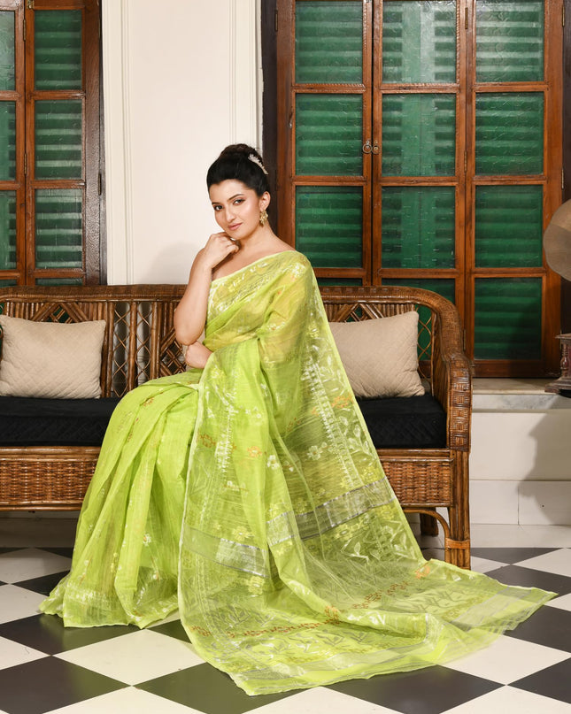 dB DESH BIDESH Women's Soft Cotton Silk Jamdani Sarees For Women for Party, Wear Linen Silk Saree Zarikatha Design Cotton saree for woman Without Blouse piece (Lemon Green)