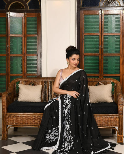 dB DESH BIDESH Women`s Cotton Saree For Woman Pallavika Embroidery Saree Design Soft Cotton Silk Fancy Lace Border Saree with Blouse