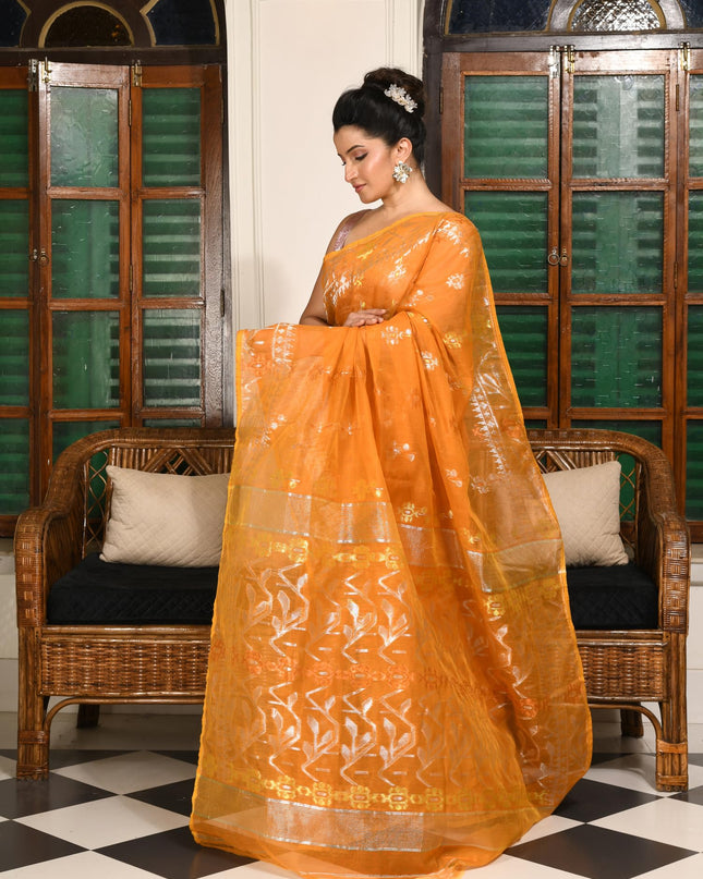 dB DESH BIDESH Women's Soft Cotton Silk Jamdani Sarees For Women for Party, Wear Linen Silk Saree Zarikatha Design Cotton saree for woman Without Blouse piece (Orange)