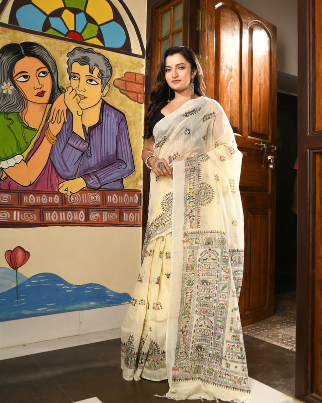 dB DESH BIDESH Women`s Cotton Saree for Woman | Saree for Woman Cotton Blend Tribal Mandala Printed Traditional Sari for Farewell Office Daily Wear with Blouse Piece (Off White)