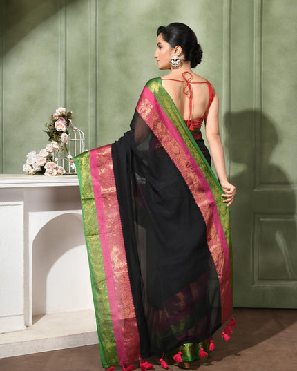 dB DESH BIDESH Women's Kanjivaram Soft Cotton Linen Silk Saree Rajrani Design Latest, Fancy South India Style Saree With Blouse Piece (Black Saree)