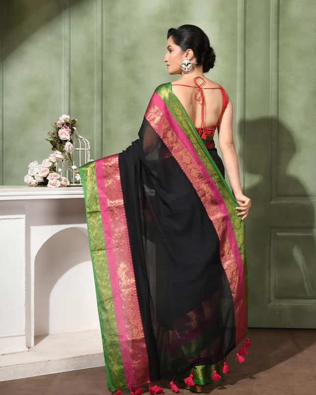 dB DESH BIDESH Women's Kanjivaram Soft Cotton Linen Silk Saree Rajrani Design Latest, Fancy South India Style Saree With Blouse Piece (Black Saree)