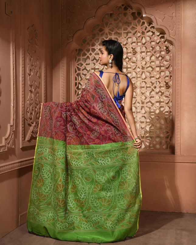 dB DESH BIDESH Women`s Cotton Saree For Woman Nakshakata Flower Kolka Leaf Embroidery Printed Trendy Soft Cotton Silk Women Sarees with Blouse Piece (Reddis Brown Green)