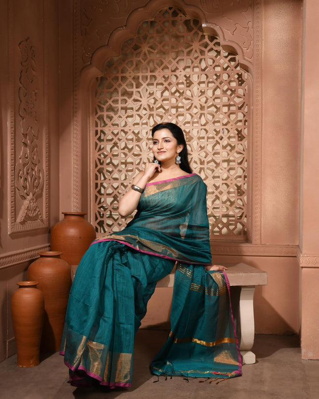 dB DESH BIDESH Women`s Cotton Silk ajrakh Saree with Gold Zari Border RoopZari Trendy Cotton Soft Silk Saree | Saree for Woman (Teal Green)