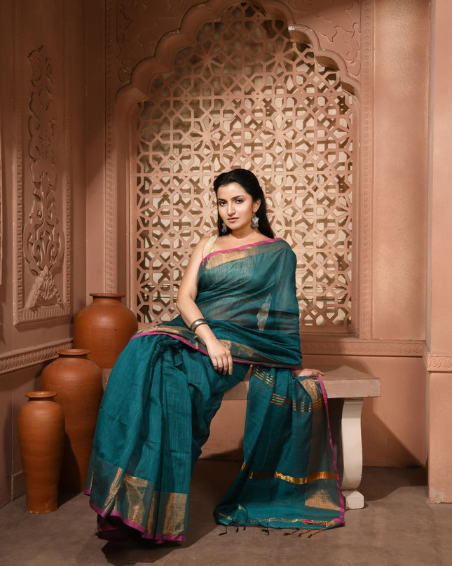 dB DESH BIDESH Women`s Cotton Silk ajrakh Saree with Gold Zari Border RoopZari Trendy Cotton Soft Silk Saree | Saree for Woman (Teal Green)