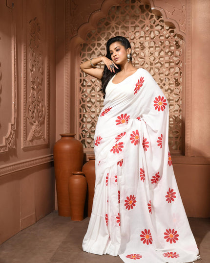 dB DESH BIDESH Women`s Mul Cotton Sarees Soft Fancy Phoolpari Latest, Design Party, Wear Cotton New Linen Saree For Woman With Blouse Piece (White)
