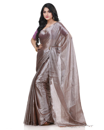 dB DESH BIDESH Women`s Bengal MayurKonthi Color Changer Tissue Pure Handloom Cotton Saree With Blouse Piece Free Size Grey Gold