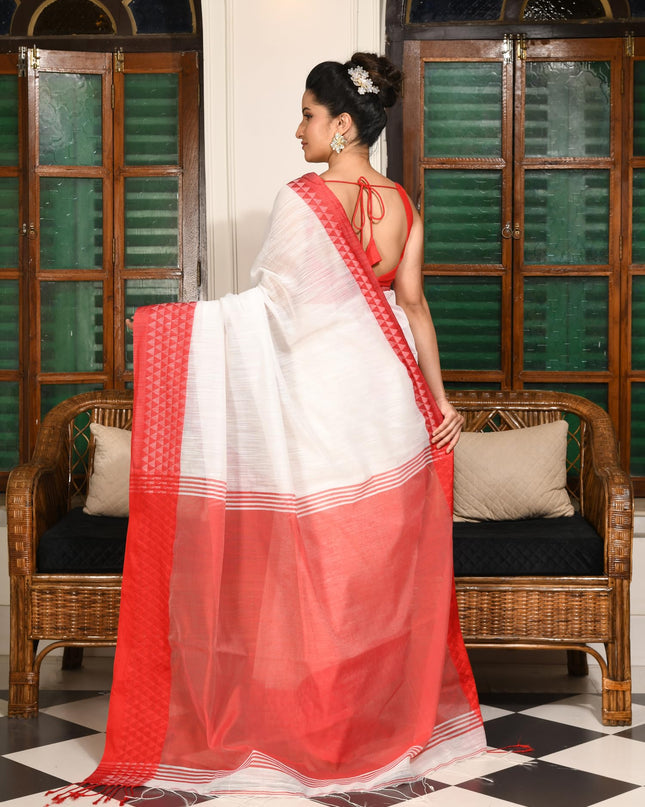 dB DESH BIDESH Women`s Silk Blend Woven Design Saree Templemala Lal Par Sada Sari Design New Soft Cotton Silk Red White Saree For Festival With Blouse Piece