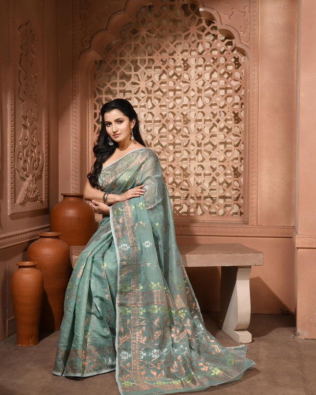 dB DESH BIDESH Women's Soft Cotton Silk Jamdani Sarees For Women for Party, Wear Linen Silk Saree Zarikatha Design Cotton saree for woman Without Blouse piece (Dark Firoza)
