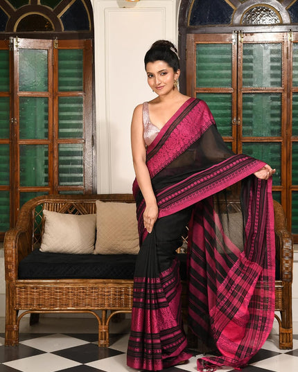 dB DESH BIDESH Women`s Cotton Linen Sarees For Women Nakshipar Design Bengal Handloom Mulmul Cotton Saree for women with unstitched Blouse Piece