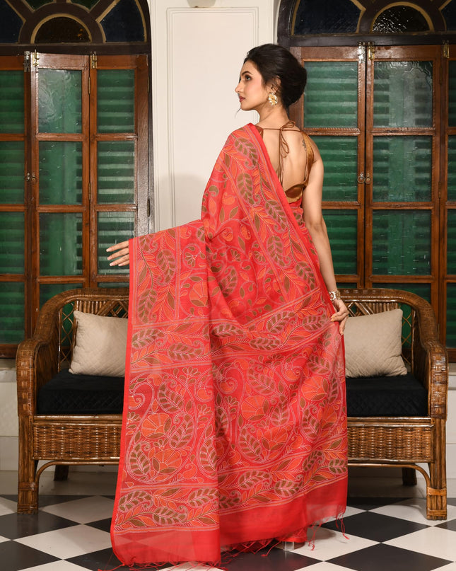 dB DESH BIDESH Women`s Cotton Saree For Woman Nakshakata Leaf kolka Embroidery Printed Trendy Soft Cotton Silk Women Sarees with Blouse Piece (RED)