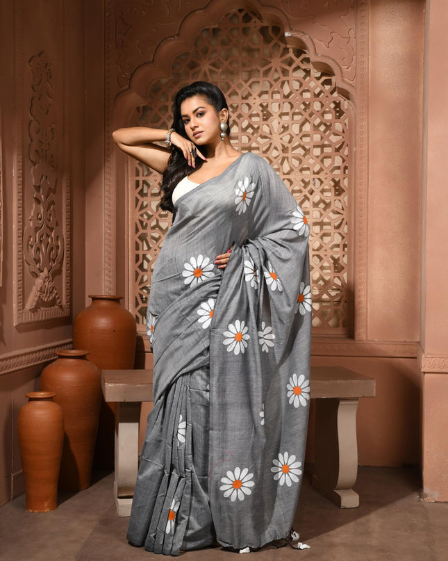 dB DESH BIDESH Women`s Mul Cotton Sarees Soft Fancy Phoolpari Latest, Design Party, Wear Cotton New Linen Saree For Woman With Blouse Piece (Grey)