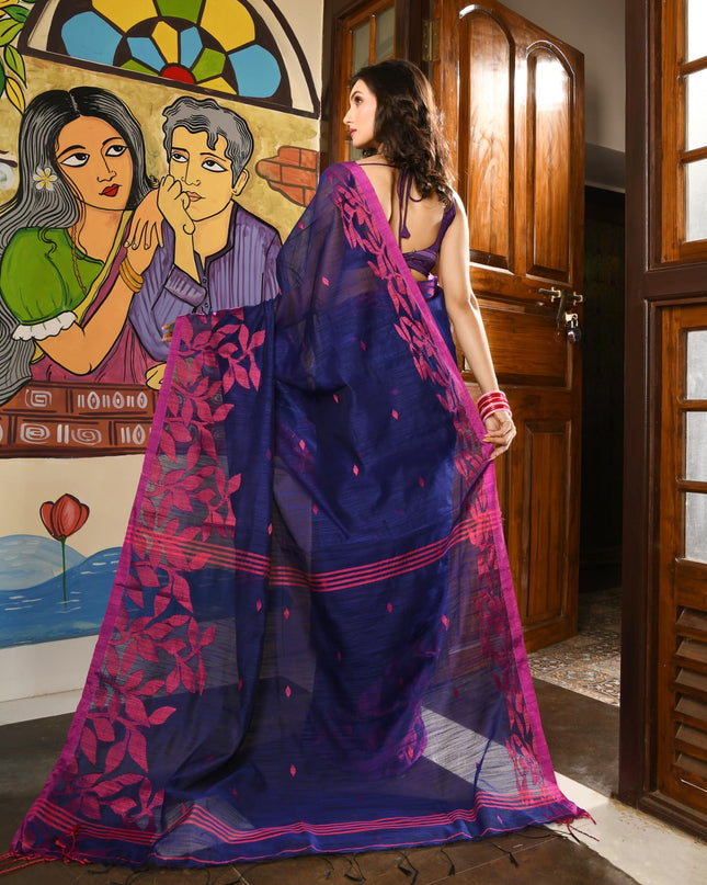dB DESH BIDESH Women`s Cotton Linen Saree with Unstitched Blouse Piece and Floral Printed Pattern | Women Saree for Special Occasion | Stylish Fancy Cotton Silk Sarees (Blue Saree)
