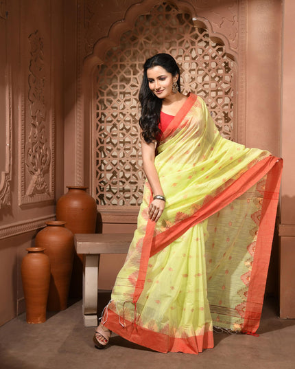 dB DESH BIDESH Women`s Cotton Silk Saree For Woman Pahar Pallav Design New Soft Kalyani Cotton Saree with Zari Border Tassels & Blouse Piece (Yellow Red)