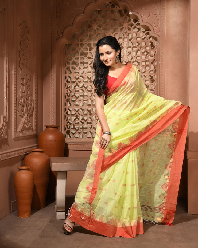 dB DESH BIDESH Women`s Cotton Silk Saree For Woman Pahar Pallav Design New Soft Kalyani Cotton Saree with Zari Border Tassels & Blouse Piece (Yellow Red)