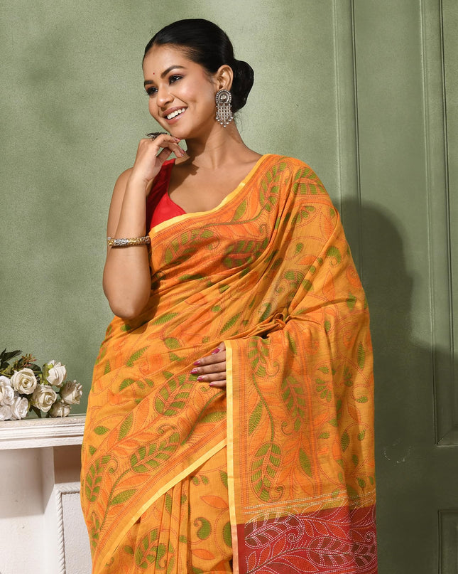 dB DESH BIDESH Women`s Cotton Saree For Woman Nakshakata Leaf kolka Embroidery Printed Trendy Soft Cotton Silk Women Sarees with Blouse Piece (YELLOW RED)