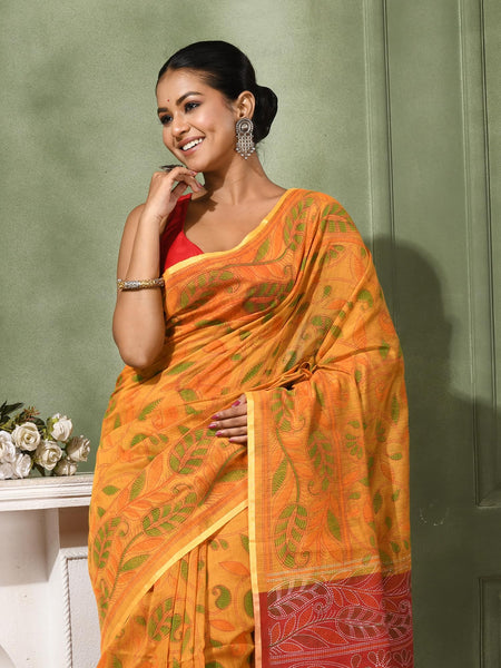 dB DESH BIDESH Women`s Cotton Saree For Woman Nakshakata Leaf kolka Embroidery Printed Trendy Soft Cotton Silk Women Sarees with Blouse Piece (YELLOW RED)