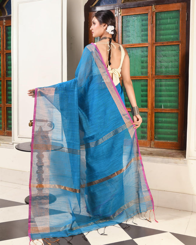dB DESH BIDESH Women`s Cotton Silk ajrakh Saree with Gold Zari Border RoopZari Trendy Cotton Soft Silk Saree | Saree for Woman (Peacock Blue)