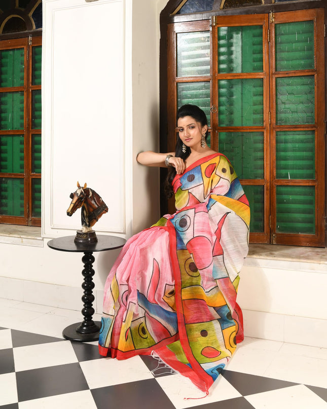 dB DESH BIDESH Women`s Soft Cotton Saree for Women Canvas Design Hand Drawing Soft Cotton Silk Daily Office Wear Saree for Woman with Blouse Piece