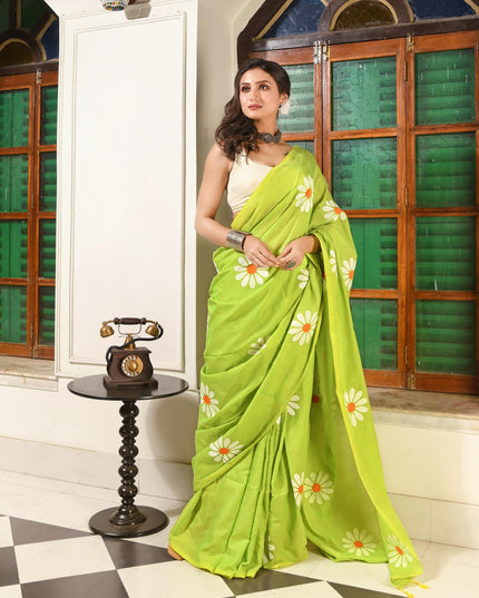 dB DESH BIDESH Women`s Mul Cotton Sarees Soft Fancy Phoolpari Latest, Design Party, Wear Cotton New Linen Saree For Woman With Blouse Piece (Green)
