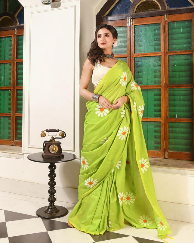 dB DESH BIDESH Women`s Mul Cotton Sarees Soft Fancy Phoolpari Latest, Design Party, Wear Cotton New Linen Saree For Woman With Blouse Piece (Green)