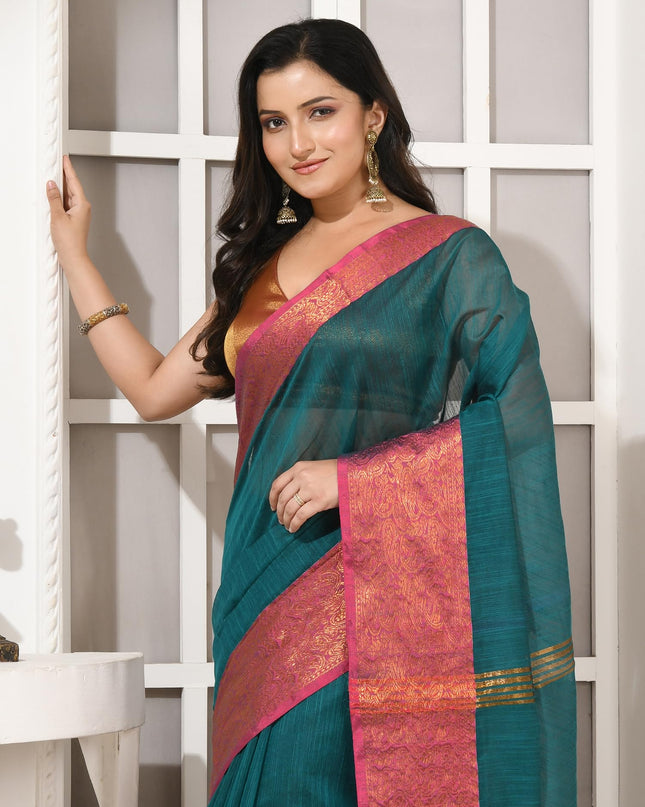 dB DESH BIDESH Women's Soft Cotton Linen Saree For Woman Kolkamoyee Trendy festival Silk Saree For Wedding Banarasi Style Pallu Sari With Blouse Piece (Bottle Green)
