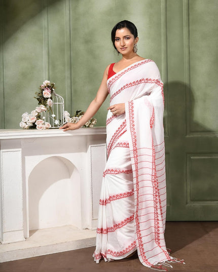 dB DESH BIDESH Women`s Cotton Saree For Woman Red White Diamond Grid Woven Pure Cotton Soft Tant Saree Traditional Bengal Border & Tassels With Blouse Piece
