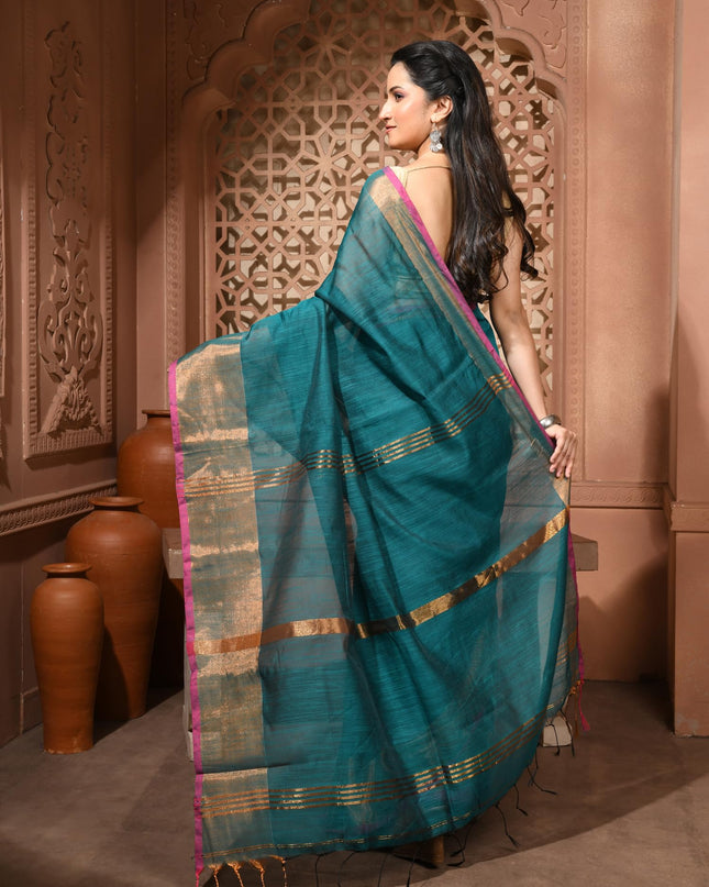 dB DESH BIDESH Women`s Cotton Silk ajrakh Saree with Gold Zari Border RoopZari Trendy Cotton Soft Silk Saree | Saree for Woman (Teal Green)