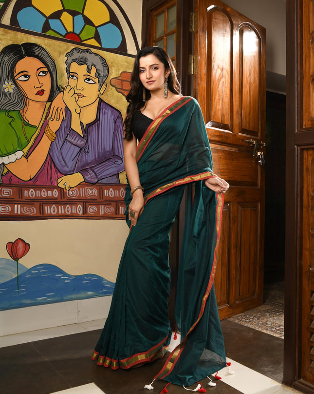 dB DESH BIDESH Women`s Mul Cotton Sarees Soft Zari Fancy Roshni Latest, Design Party, Wear Cotton Silk Saree For Woman With Blouse Piece (Green Golden)