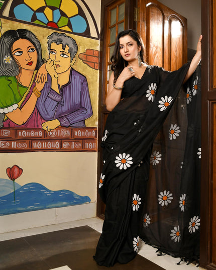 dB DESH BIDESH Women`s Mul Cotton Sarees Soft Fancy Phoolpari Latest, Design Party, Wear Cotton New Linen Saree For Woman With Blouse Piece (Black)