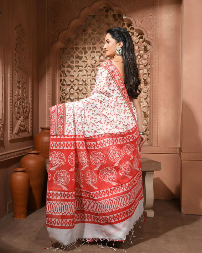 dB DESH BIDESH Women`s Cotton Saree for Woman | Saree for Woman Cotton Blend Kalpataru Printed Traditional Sari for Farewell Office Daily Wear with Blouse Piece (White Red)