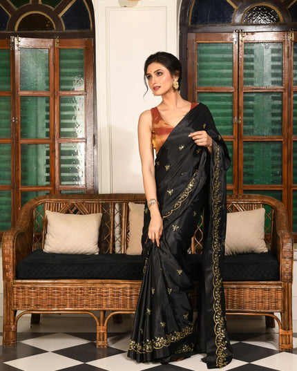 dB DESH BIDESH Women's Satin Silk Embroidery Work Saree with Designer Border for Festive and Traditional Ethnic Drape Saree Party, Wear Soft Silk Butterfly Shokhi Design Sarees