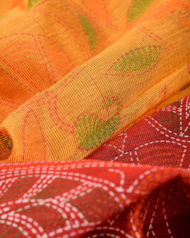 dB DESH BIDESH Women`s Cotton Saree For Woman Nakshakata Leaf kolka Embroidery Printed Trendy Soft Cotton Silk Women Sarees with Blouse Piece (YELLOW RED)