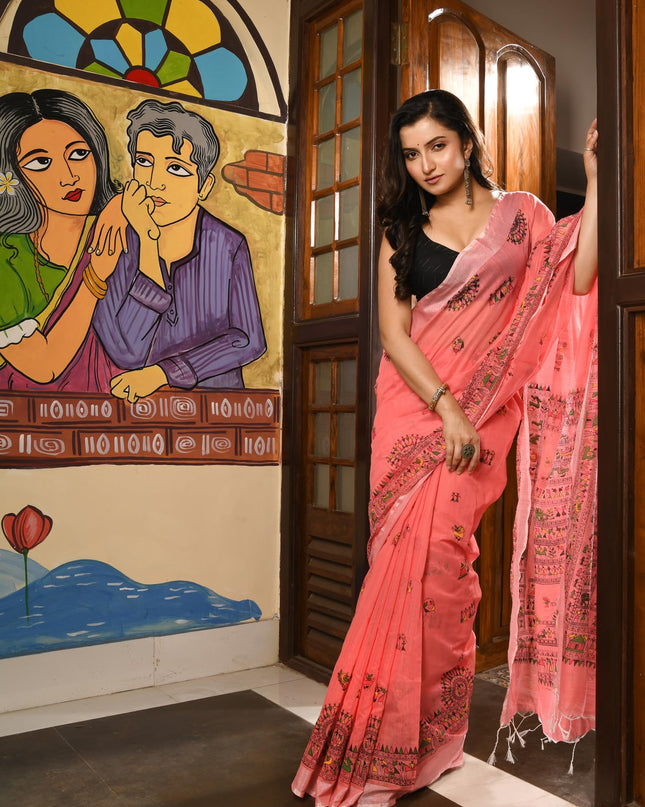 dB DESH BIDESH Women`s Cotton Saree for Woman | Saree for Woman Cotton Blend Tribal Mandala Printed Traditional Sari for Farewell Office Daily Wear with Blouse Piece (Pink)