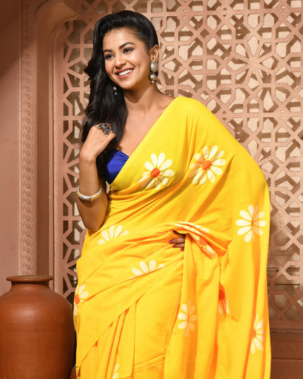 dB DESH BIDESH Women`s Mul Cotton Sarees Soft Fancy Phoolpari Latest, Design Party, Wear Cotton New Linen Saree For Woman With Blouse Piece (Yellow)