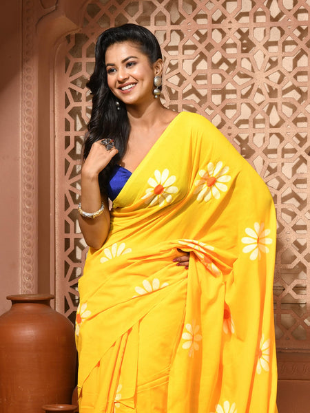 dB DESH BIDESH Women`s Mul Cotton Sarees Soft Fancy Phoolpari Latest, Design Party, Wear Cotton New Linen Saree For Woman With Blouse Piece (Yellow)