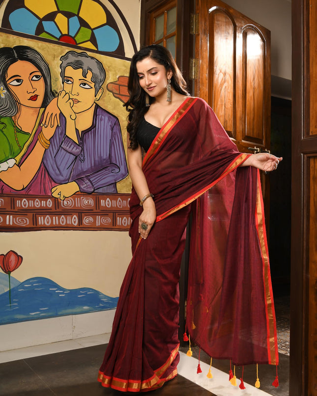 dB DESH BIDESH Women`s Mul Cotton Sarees Soft Zari Fancy Roshni Latest, Design Party, Wear Cotton Silk Saree For Woman With Blouse Piece (Canberry Red Golden)