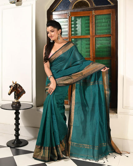 dB DESH BIDESH Women's Soft Silk Saree For festival Party, Wear Cotton Silk Noor-E-Rang Gold Zari Border Style Sari With Blouse Piece