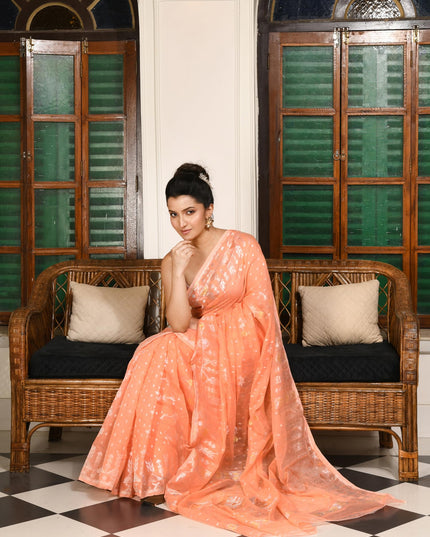 dB DESH BIDESH Women's Soft Cotton Silk Jamdani Sarees For Women for Party Festival Wedding Silk Saree GlamQueen Gold Work Design Without Blouse piece (Peach Orange)