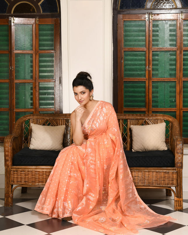 dB DESH BIDESH Women's Soft Cotton Silk Jamdani Sarees For Women for Party Festival Wedding Silk Saree GlamQueen Gold Work Design Without Blouse piece (Peach Orange)