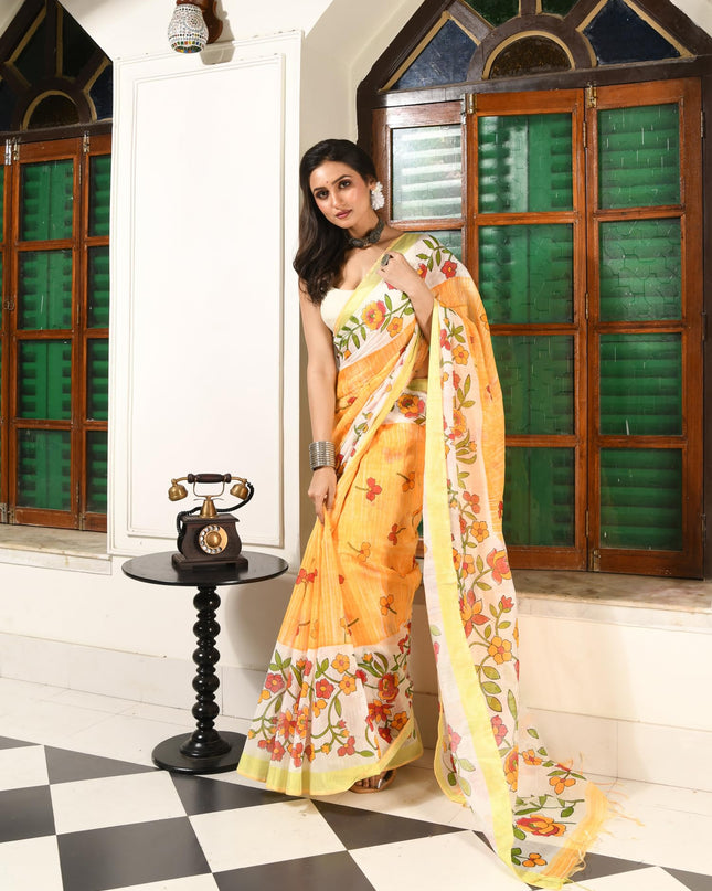 dB DESH BIDESH Women`s Cotton Saree For Woman Latest, Phoolbagan Printed Trendy Soft Cotton Silk Women Sarees with Blouse Piece (Yellow White)