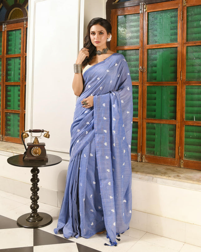 dB DESH BIDESH Women`s Cotton Sarees For Women Office Wear HeartBeat Embroidery Saree Design Soft Cotton Silk Saree With Blouse Piece (Blue)