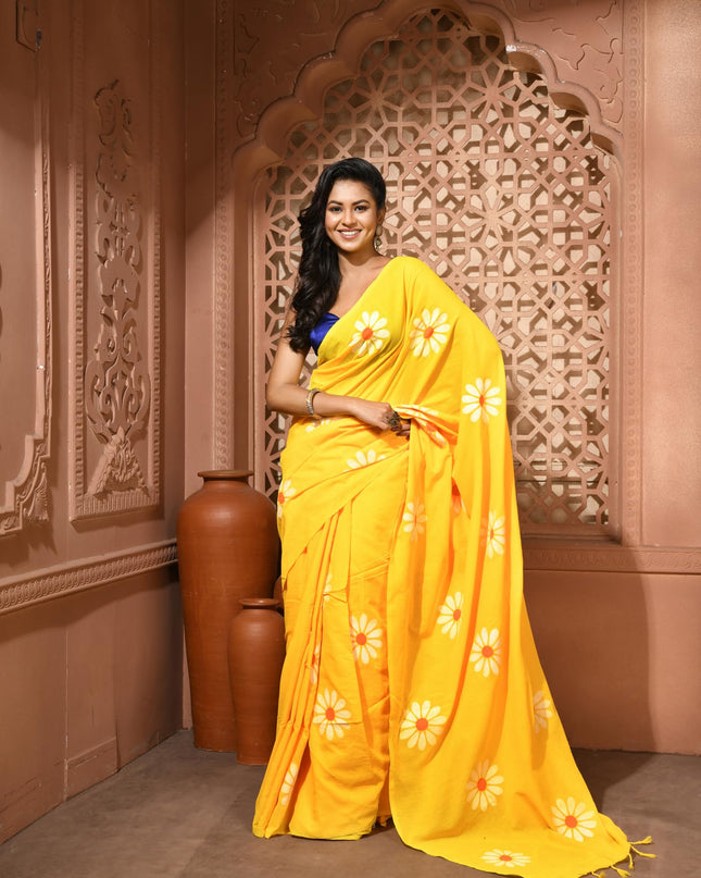 dB DESH BIDESH Women`s Mul Cotton Sarees Soft Fancy Phoolpari Latest, Design Party, Wear Cotton New Linen Saree For Woman With Blouse Piece (Yellow)
