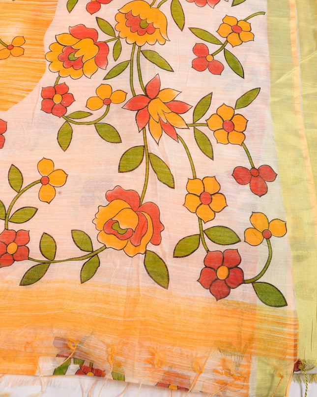 dB DESH BIDESH Women`s Cotton Saree For Woman Latest, Phoolbagan Printed Trendy Soft Cotton Silk Women Sarees with Blouse Piece (Yellow White)